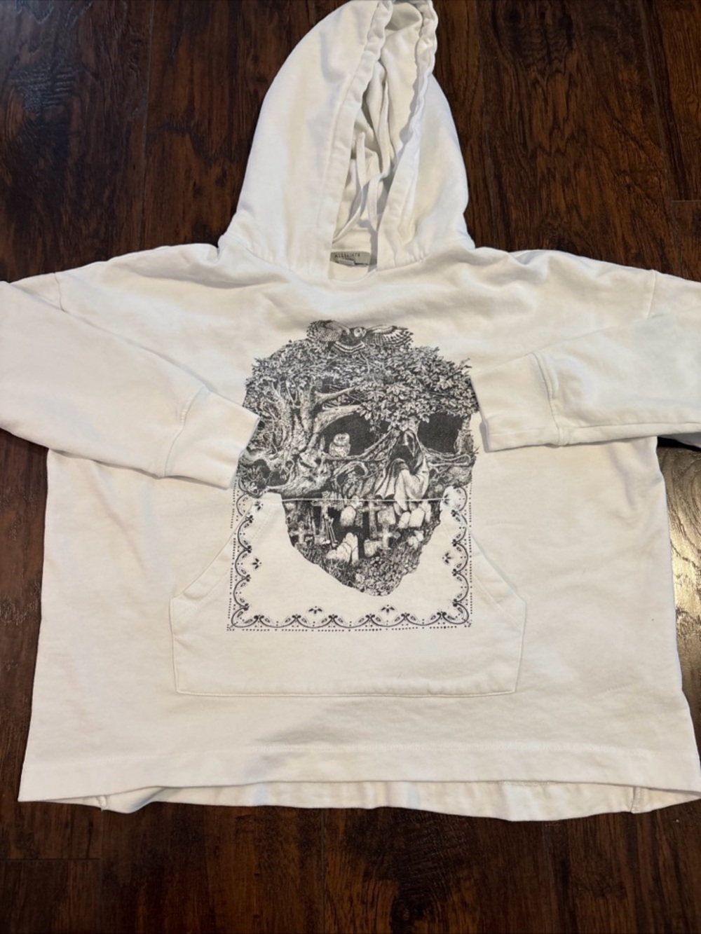 All Saints White Hoodie with Detailed Skull Illustration XS